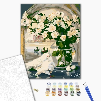 Картина по номерам Квіти - Белые розы и голуби