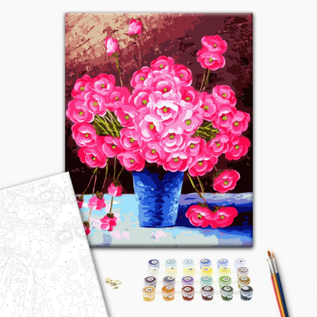 Картина по номерам Квіти - Рожеві квіти у синій вазі