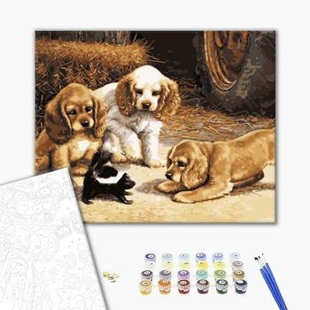 Картина по номерам Тварини, птахи та риби - Щенки и черный бурундучок