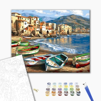 Картина по номерам Кораблі, автомобілі та літаки - Човники на березі