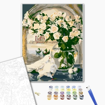 Картина по номерам Квіти - Білі рози на фоні Венеції