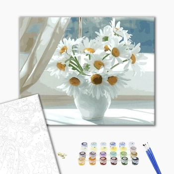Картина по номерам Квіти - Ромашки в білій вазі на вікні