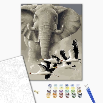 Картина по номерам Тварини, птахи та риби - Слон и журавли