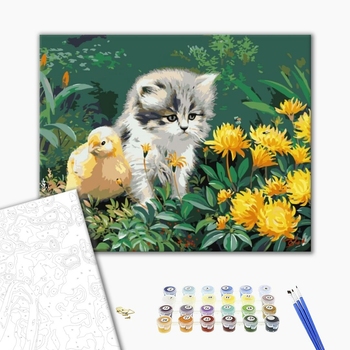 Картина по номерам Тварини, птахи та риби - Котёнок с ципленком