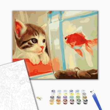 Картина по номерам Тварини, птахи та риби - Кошеня і золота рибка