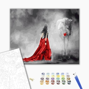 Картина по номерам Люди на картинах - Дівчина в червоному і вовк з трояндою