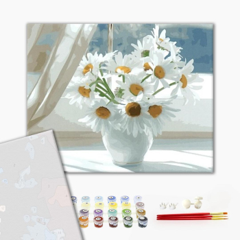 Картина по номерам Преміум картини - Ромашки в белой вазе на окне