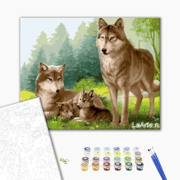 Картина по номерам Тварини, птахи та риби - Вовки з вовченятами
