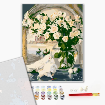 Картина по номерам Преміум картини - Белые розы на фоне венеции