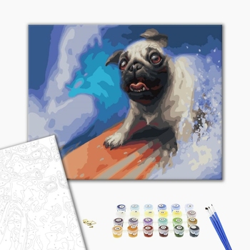 Картина по номерам Тварини, птахи та риби - Мопс на серфі