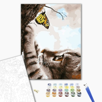Картина по номерам Тварини, птахи та риби - Котик і метелик