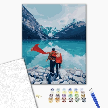 Картина по номерам Затишок, зима, Новий рік, Різдво - Пара біля озера Лаго ді Браєс