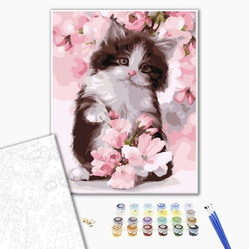 Картина по номерам Для початківців - Котик в рожевих квітах