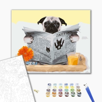 Картина по номерам Тварини, птахи та риби - Мопс з газетою