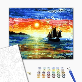 Картина по номерам Кораблі, автомобілі та літаки - Вітрильник пливе на тлі заходу