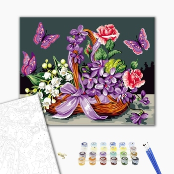 Картина по номерам Квіти - Бабочки у корзины с цветами