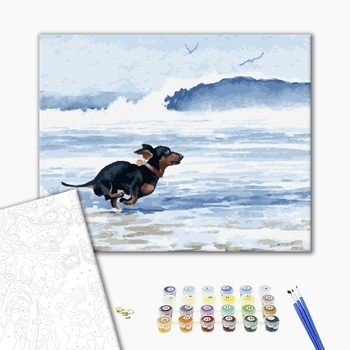 Картина по номерам Тварини, птахи та риби - Такса біжить від морської хвилі