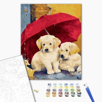 Картина по номерам Тварини, птахи та риби - Цуценята під парасолькою