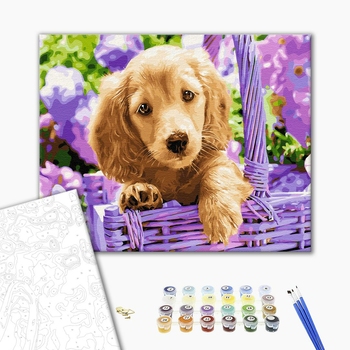 Картина по номерам Тварини, птахи та риби - Щеня в кошику