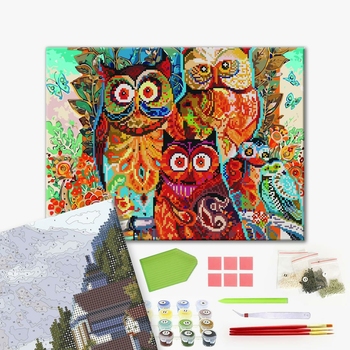 Комбінована алмазна мозаїка - Кольорові сови