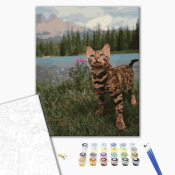 Картина по номерам Тварини, птахи та риби - Бенгальська кішка біля гір