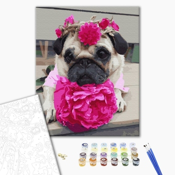 Картина по номерам Тварини, птахи та риби - Мопс в квітах