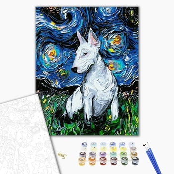 Картина по номерам Тварини, птахи та риби - Бультер'єр в зоряну ніч