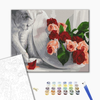 Картина по номерам Тварини, птахи та риби - Котик з трояндами