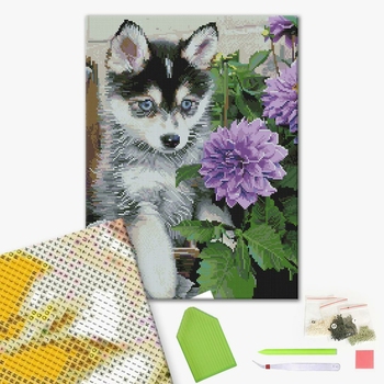 Алмазна мозаїка 40х50 - Цуценя хаскі і жоржини