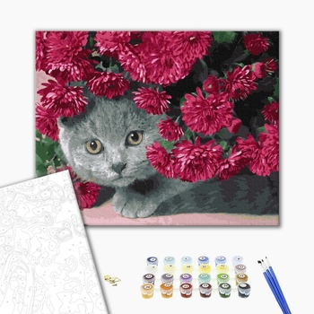 Картина по номерам Тварини, птахи та риби - Котик в квітах