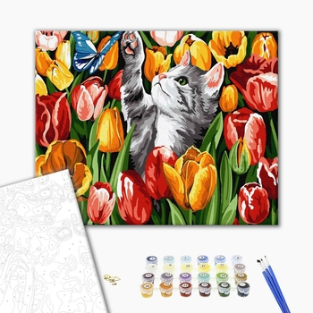 Картина по номерам Тварини, птахи та риби - Котик в тюльпанах