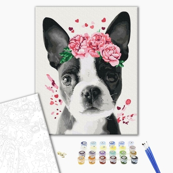 Картина по номерам Тварини, птахи та риби - Бостон тер'єр у віночку