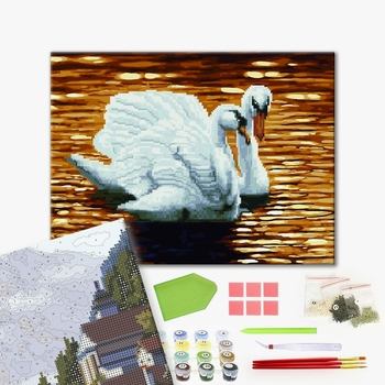 Комбінована алмазна мозаїка - Лебеді на ставку