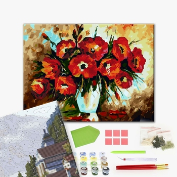 Комбінована алмазна мозаїка - Маки в білій вазі