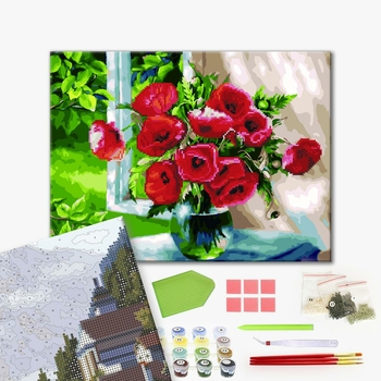 Комбінована алмазна мозаїка - Букет маків у вікні