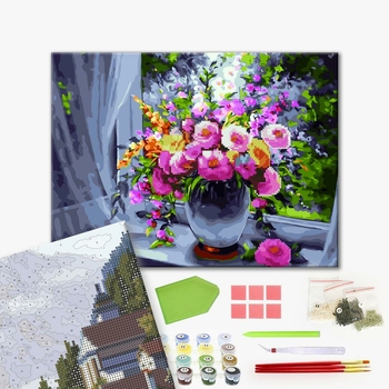 Комбінована алмазна мозаїка - Запашні квіти у вікні