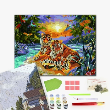 Комбінована алмазна мозаїка - Сім'я тигрів