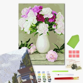 Комбінована алмазна мозаїка - Ніжні піони