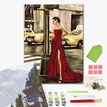 Комбінована алмазна мозаїка - Дівчина і жовте таксі