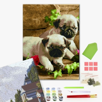 Комбінована алмазна мозаїка - Маленькі мопси
