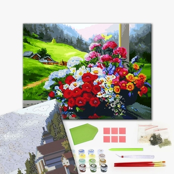 Комбінована алмазна мозаїка - Букет на вікні