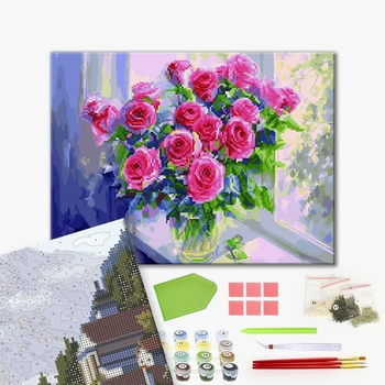 Комбінована алмазна мозаїка - Рожеві троянди в вазі