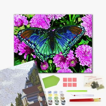 Комбінована алмазна мозаїка - Метелик на жоржинах