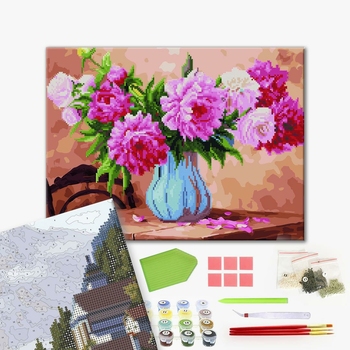 Комбінована алмазна мозаїка - Рожеві піони на столі