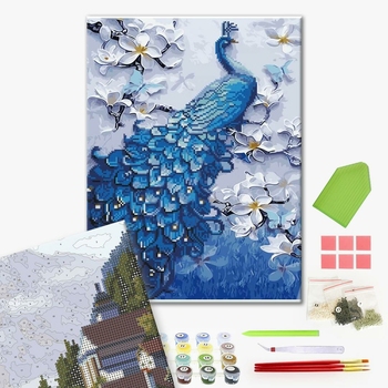 Комбінована алмазна мозаїка - Павич на гілках магнолії