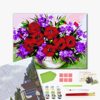 Комбінована алмазна мозаїка - Маки в білій вазі