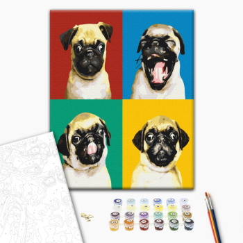 Картина по номерам Тварини, птахи та риби - Колаж з мопсом