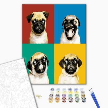 Картина по номерам Тварини, птахи та риби - Колаж з мопсом