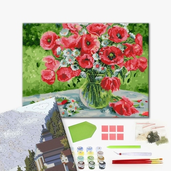 Комбінована алмазна мозаїка - Маки і віночок з ромашок