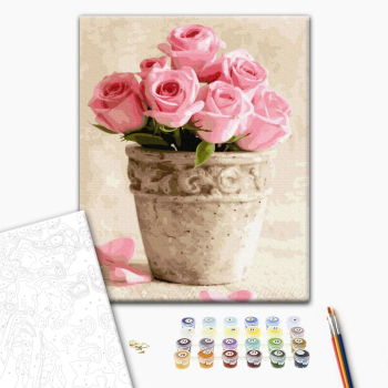 Картина по номерам Квіти - Рожеві троянди в горщечку